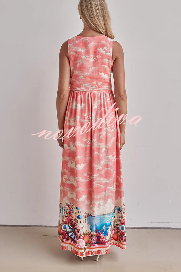 Resort Style Unique Printed Sleeveless V-neck Casual Maxi Dress