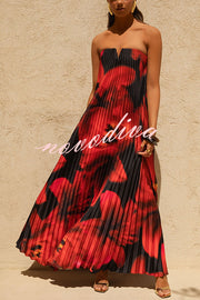 For Every Occasion Satin Pleated Floral Print V-wire Bandeau Neck Maxi Dress