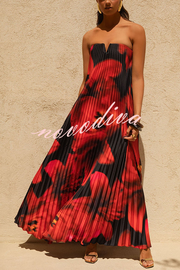 For Every Occasion Satin Pleated Floral Print V-wire Bandeau Neck Maxi Dress