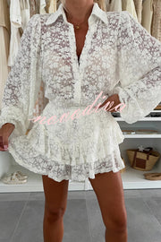 Nicola Lace Long Balloon Sleeve Blouse and Elastic Waist Layered Skort Set