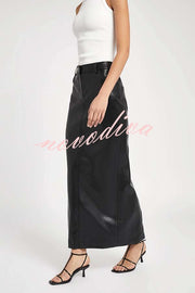 Classic Feel Faux Leather Mid Rise Pocket Slit Stretch Maix Skirt