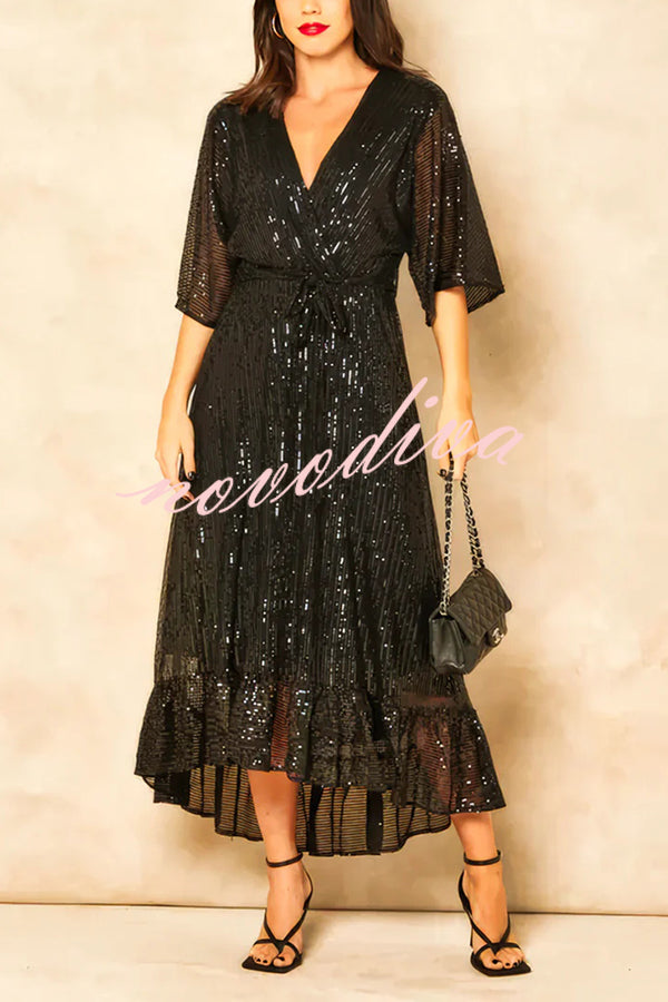 Solid Color Sequined V-neck Waist Tie Loose Maxi Dress