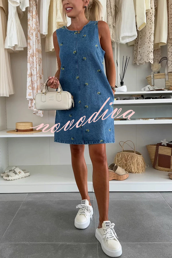 Floral Print Round Neck Sleeveless Loose Denim Mini Dress