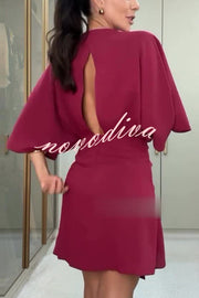 Solid Color V-Neck Half Sleeve Casual Irregular Mini Dress