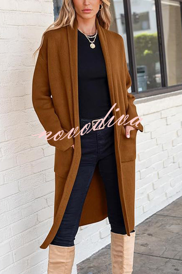 Solid Color Long-sleeved Casual Loose Pocket Mid-length Cardigan