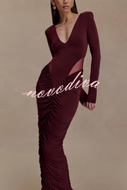 Sexy See-through Long-sleeved V-neck Pleated Slim-fit Maxi Dress