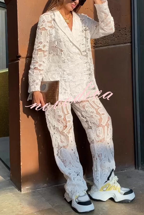 Fashionable Lace Long-sleeved Lapel Loose Top and Casual Hollow Pants Set