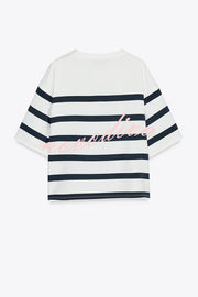 Logbook Stripe Button Shoulder T-Shirt and High-Rise Pocketed Loose  Shorts Set