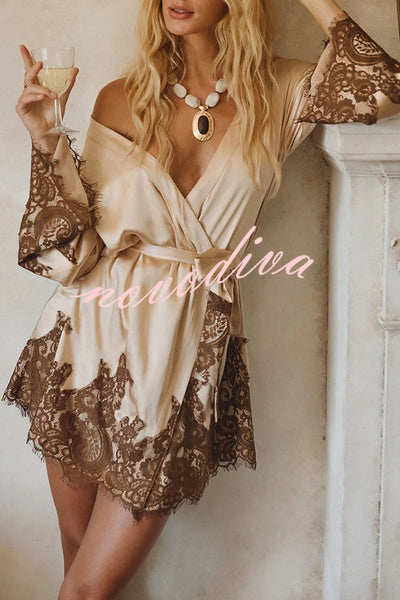 Gold Standard Satin Lace Trim Contrast Color Bell Sleeve Tie-up Kimono Mini Dress