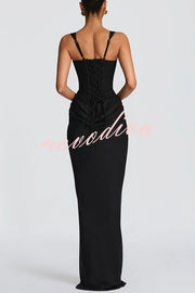 Larrah Square Neck Back Lace-up Satin Drape Hem Maxi Dress