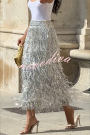 Evening Charm Layered Sequined Tassels High Rise Back Zipper Slit Midi Skirt