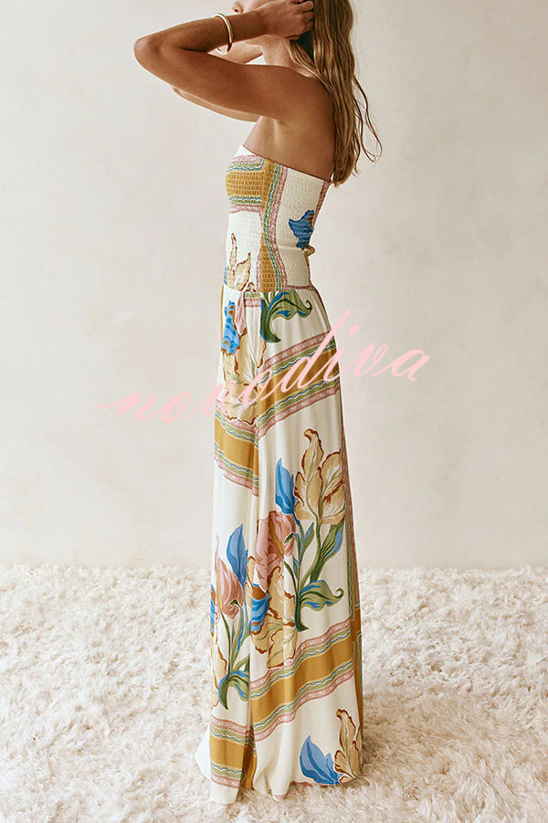 Linen Blend Unique Print Off-The-Shoulder Pleated Resort Maxi Dress