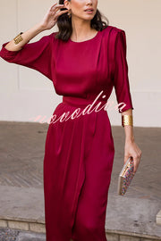 Satin Solid Color Round Neck Half Sleeve Waist Midi Dress