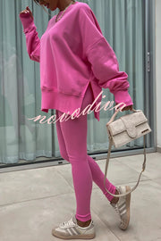 Solid Color Loose Long Sleeve SlitSweatshirt and Elastic Waist Tight Pants Set