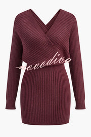 Solid Color Crossover V-neck Long-sleeved Fitted Waist Knit Mini Dress