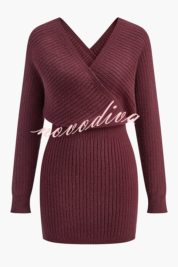 Solid Color Crossover V-neck Long-sleeved Fitted Waist Knit Mini Dress