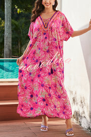 Floral Print V-Neck Lace-Up Loose Holiday Cover-Up Maxi Dress