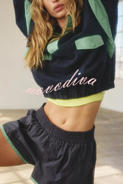 Fashion Contrast Color Stitching Stand Collar Long Sleeve Top and Elastic Waist Loose Pocket Shorts Set