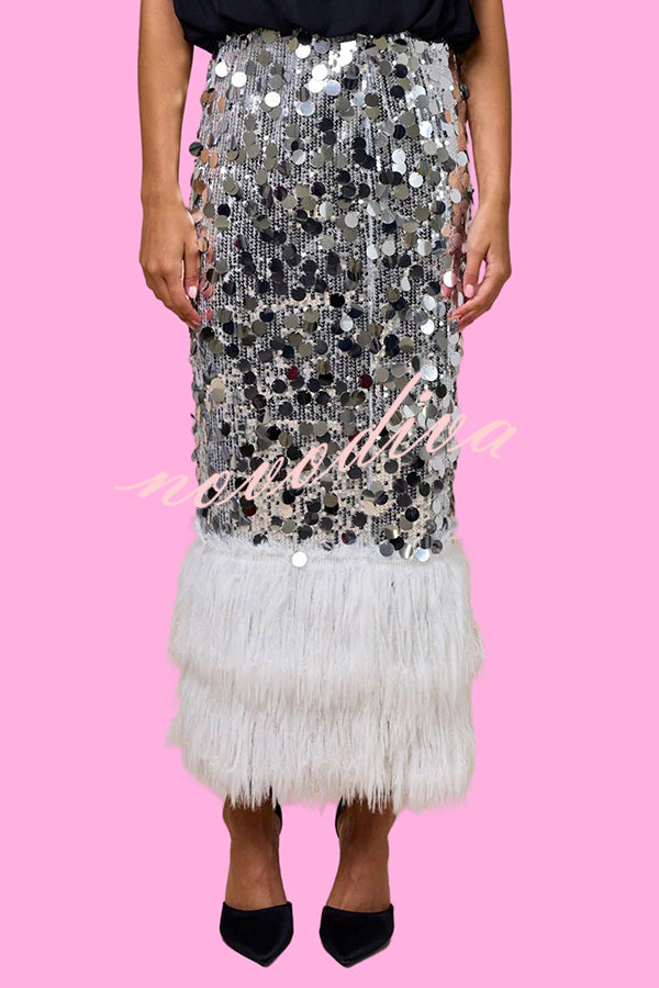 Playful Sparkling Large Sequin Faux Fur Tassel Hem Elastic Waist Maxi Skirt