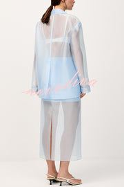 Simple and Light See-through Fabric Tie-up Long Sleeve Pocket Lapel Blazer