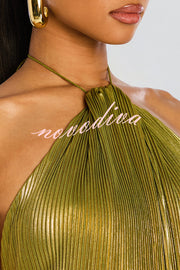 Glamorous Metallic Pleated Fabric Open Back Halter Slit Maxi Dress