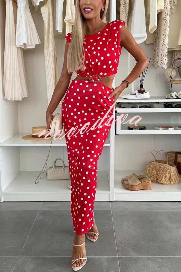 Roxane Polka Dot Print Shoulder Pad Metal Cutout Waist Slit Stretch Maxi Dress