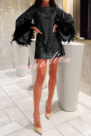 Solid Sequin Elegant Feather Long Sleeve Mini Dress