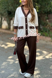 Stylish Color-blocked V-neck Knitted Button-down Cardigan and Elastic Waist Casual Wide-leg Pants Set