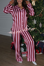 Courtney Satin Colorblock Striped Loose Shirt and Elastic Waist Pocketed Pajama Set