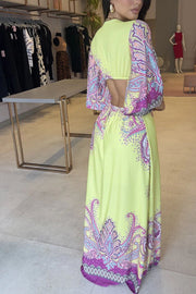 Stand Out and Shine Palace Style Print Bell Sleeve Backless Vacation Maxi Dress