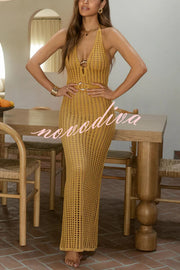 Ocean Dream Crochet Knit Golden Decoration Halter Stretch Maxi Dress