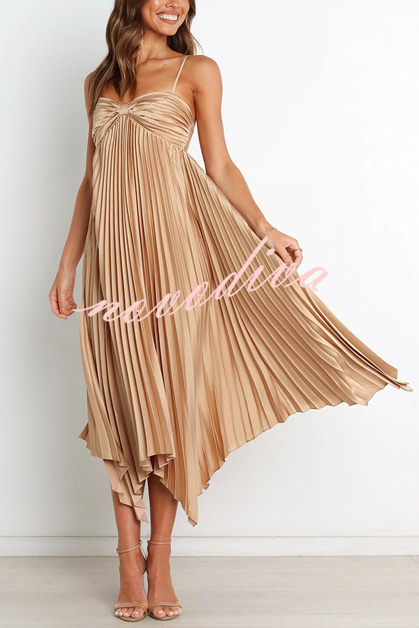 Solid Color Sexy Suspender Pleated Irregular Midi Dress