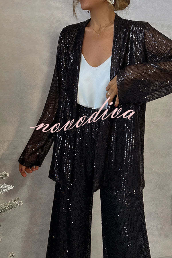 Party Scene Sequin Open Front Long Sleeve Drape Coat