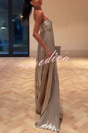 Night Elf Metallic Fabric Pleated Off Shoulder Twist Bust Slit Maxi Dress