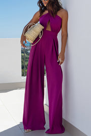 Easy Mode Cross-neck Halter Strap Backless Wide Leg Jumpsuit