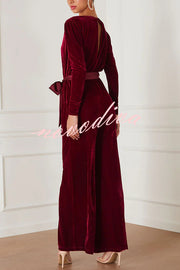 Love One Another Velvet Bow Belted Pocket Cutout Back Loose Jumpsuit