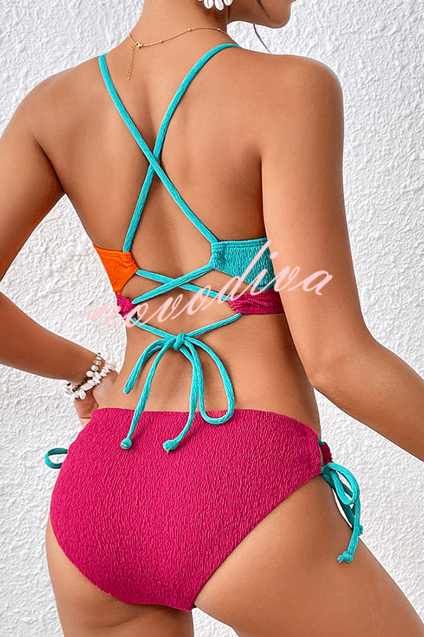 Fashion Contrast Color Sexy Cross Strap Stretch Two Piece Bikini Swimsuit