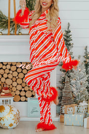 Christmas Party Striped Print Pocket Feather Elastic Waist Pajama Set