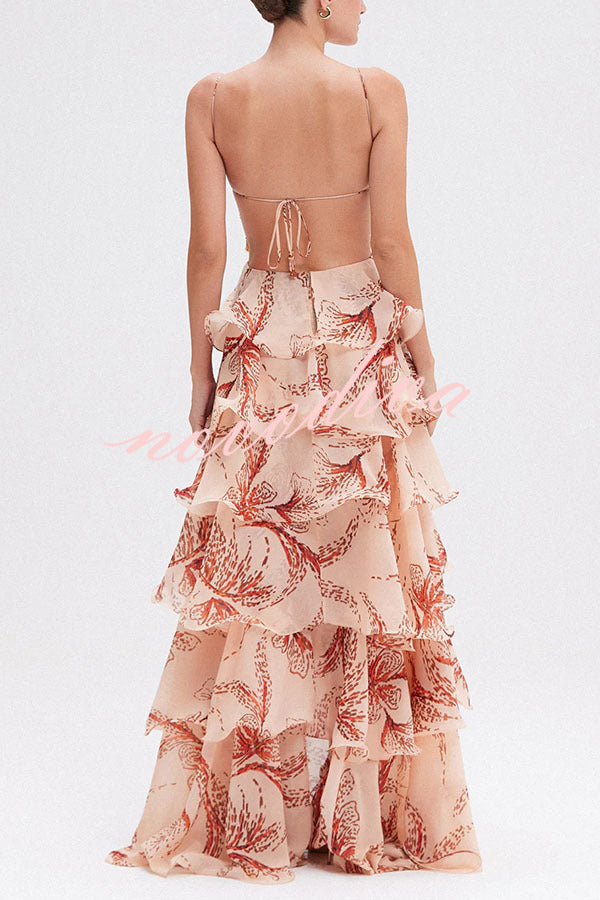 Ariae Butterfly Print Multi-layered Ruffles Backless Tie-up Maxi Dress
