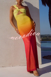 Dreamy Sunset Mesh Ombre Print One Shoulder Cutout Stretch Maxi Dress