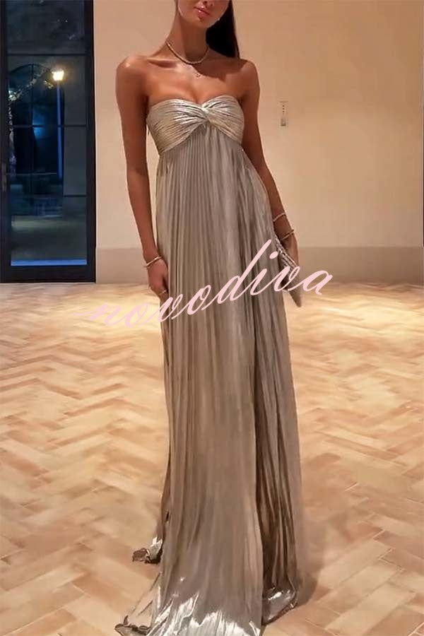 Night Elf Metallic Fabric Pleated Off Shoulder Twist Bust Slit Maxi Dress