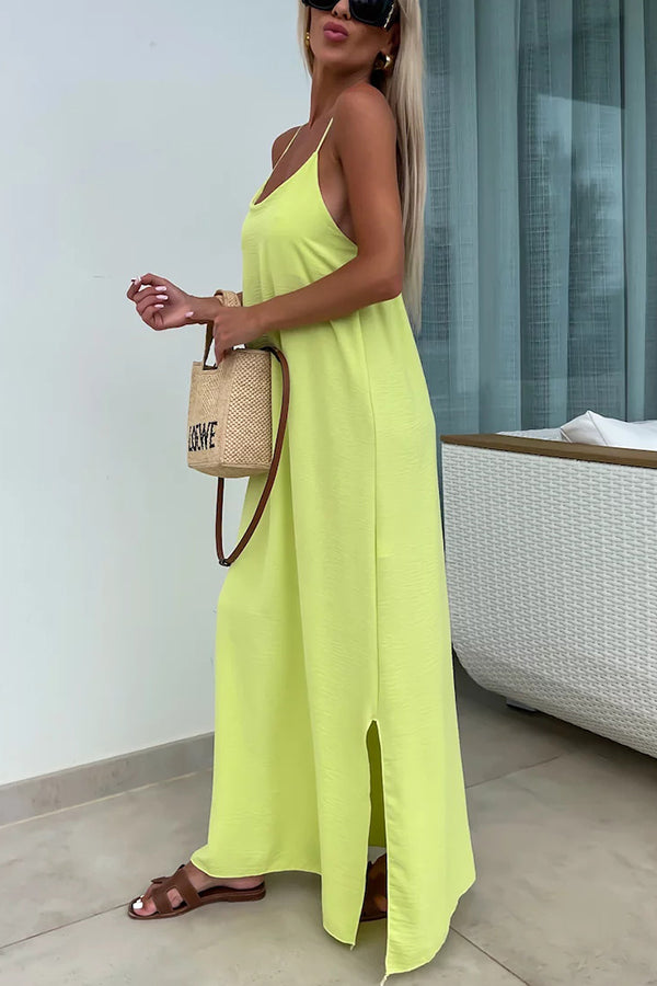 Solid Color Resort Style Spaghetti Strap Backless Maxi Dress