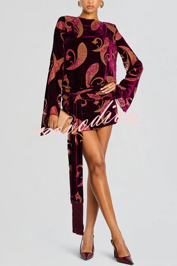 Night Out Velvet Paisley Print Long Sleeve Tie-up Tassel Loose Mini Dress