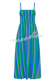 Gigi Linen Blend Stripe Elastic Bodice Pocket Loose Midi Dress