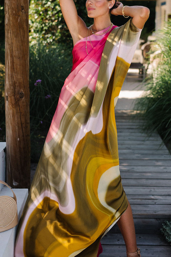 Summertime Favorites Satin Tie Dye Print One Shoulder Drape Vacation Maxi Dress