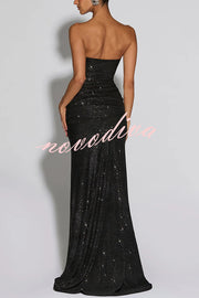 Paula Sequined Mesh and Jersey Off Shoulder Ruched Knot Drape Shawl Maxi Dress