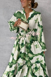 Unique Printed V-neck Long Sleeve Waist Tie-down Maxi Dress