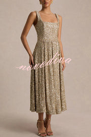 Effortless Sparkle Sequin Square Neck Wide Strap A-Line Midi Dress