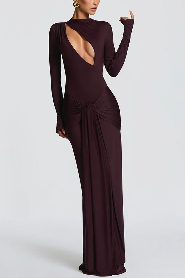 Sexy Cutout Fitted Long-sleeved Pleated Satin Ribbon Maxi Dresses