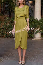 Satin Solid Color Round Neck Half Sleeve Waist Midi Dress